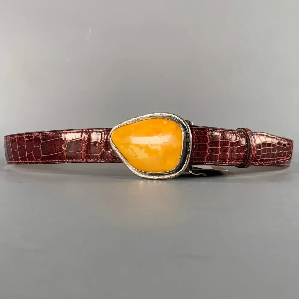 APRIL in PARIS Size S Burgundy Yellow Embossed Sterling Silver Belt